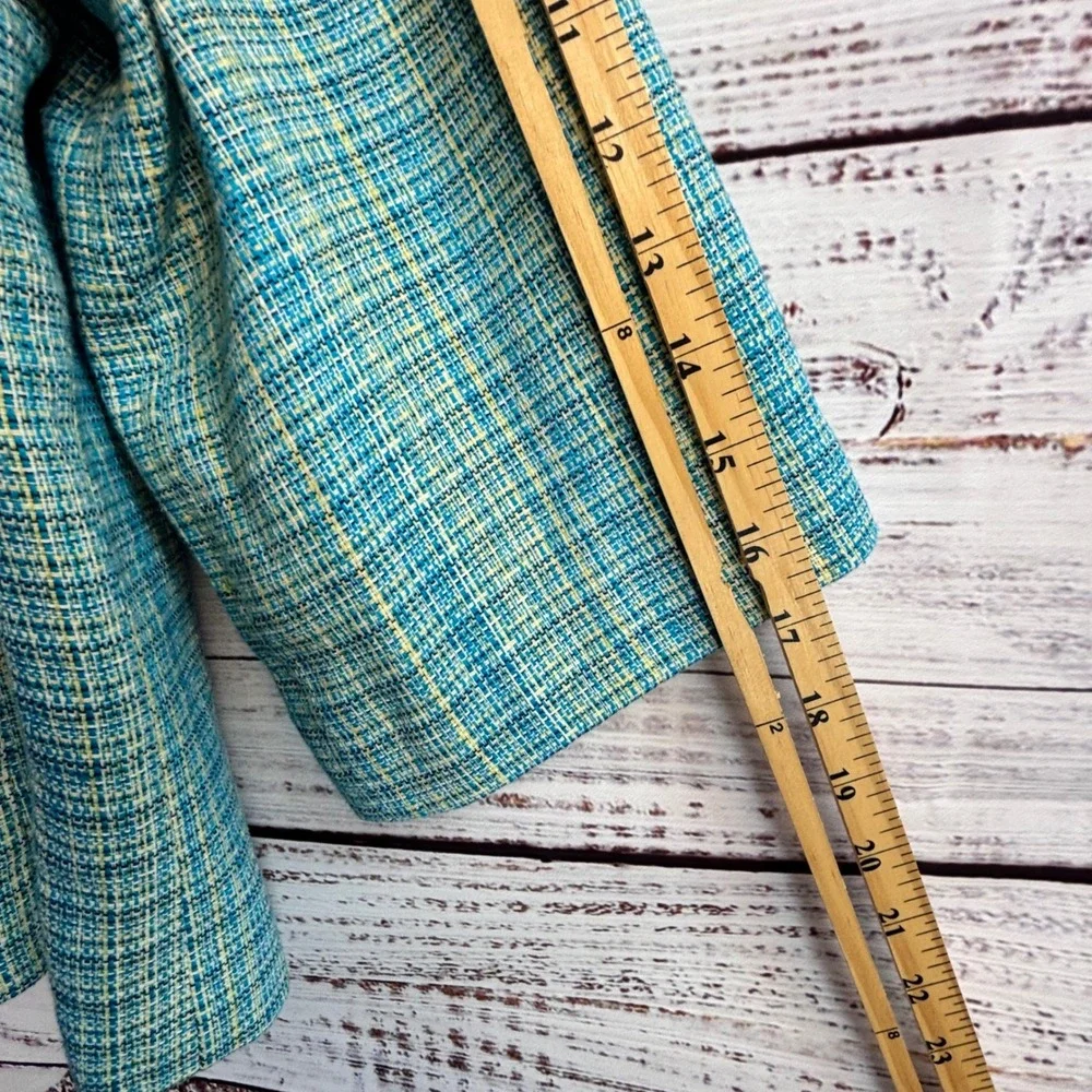 Vintage‎ Mod Coastal Grandmacore Tweed Jacket L Boxy Teal Blue Yellow Woven Poly